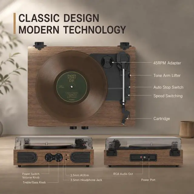 Alt view image 3 of 6 - Record Player with Built-in Speakers Bluetooth, Walnut Vinyl Turntable Belt-Drive 3-Speed with Bass Treble Control, RCA Output AUX-in Headphone Jack Auto Stop