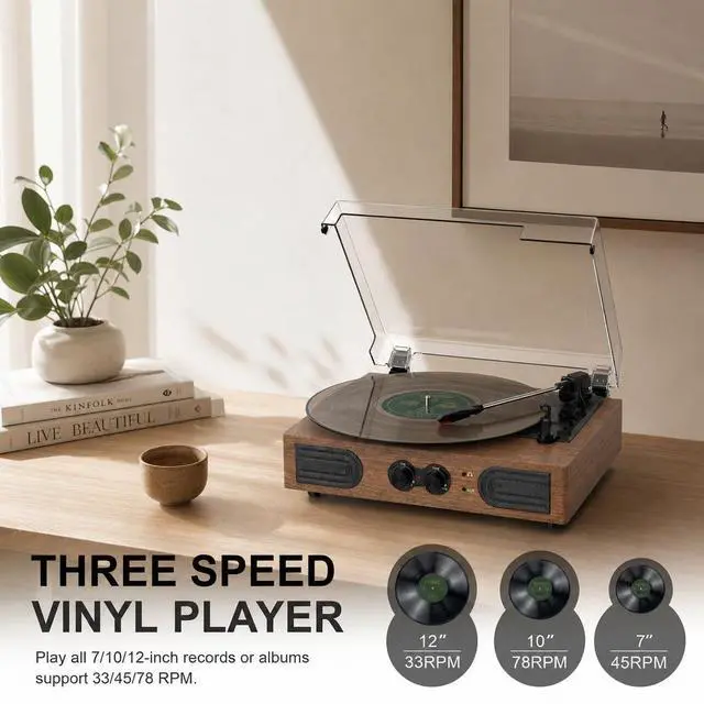 Alt view image 6 of 6 - Record Player with Built-in Speakers Bluetooth, Walnut Vinyl Turntable Belt-Drive 3-Speed with Bass Treble Control, RCA Output AUX-in Headphone Jack Auto Stop
