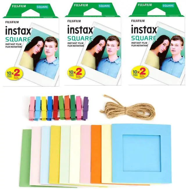 Main image of 3X Instax Square Instant Film (60 Exposures) + Hanging Photo Frames for Square Film Assorted Colors Deluxe Accessory Bundle