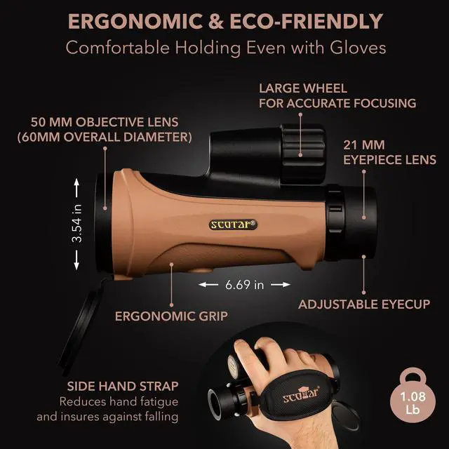 Alt view image 4 of 6 - 12x50 Monocular Telescope - FMC Fogproof, IP67 Waterproof Hand Held Telescope - BAK4 Phase and Dielectric Coated Prism - Adventure Accessories Set: Bag, Smartphone Adapter, Mini Tripod