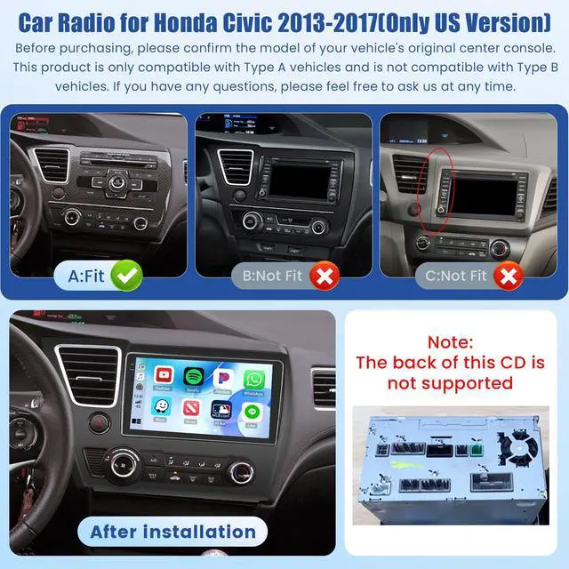 Alt view image 2 of 6 - 5Ghz WiFi 4G+128G Android 15 Car Radio for Honda Civic 2013-2017 Car Stereo with Wireless Carplay Android Auto,5.0 Bluetooth,Build-in EQ,9inch IPS Touchscreen,GPS,FM/RDS SWC AHD Backup Camera MIC