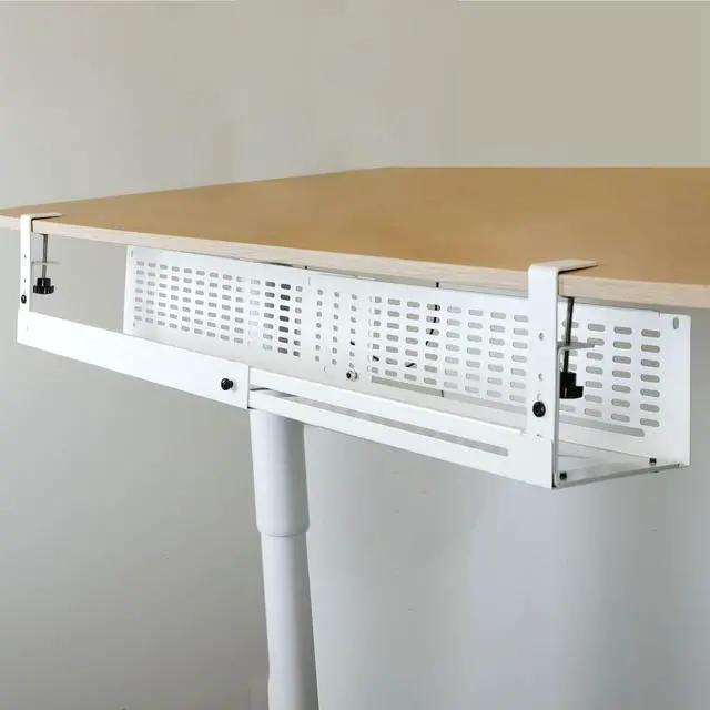 Alt view image 2 of 6 - Under Desk Cable Management Tray Kit - Horizontal Adjustable up tp 41 Desk Organizer Removable C Clamp Mount Reversiable Computer Cord Raceway and Modesty Panel for Large Table, White/Beige
