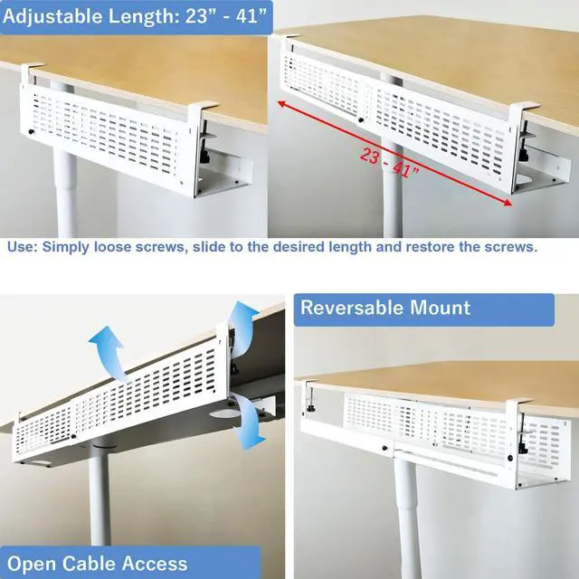 Alt view image 3 of 6 - Under Desk Cable Management Tray Kit - Horizontal Adjustable up tp 41 Desk Organizer Removable C Clamp Mount Reversiable Computer Cord Raceway and Modesty Panel for Large Table, White/Beige