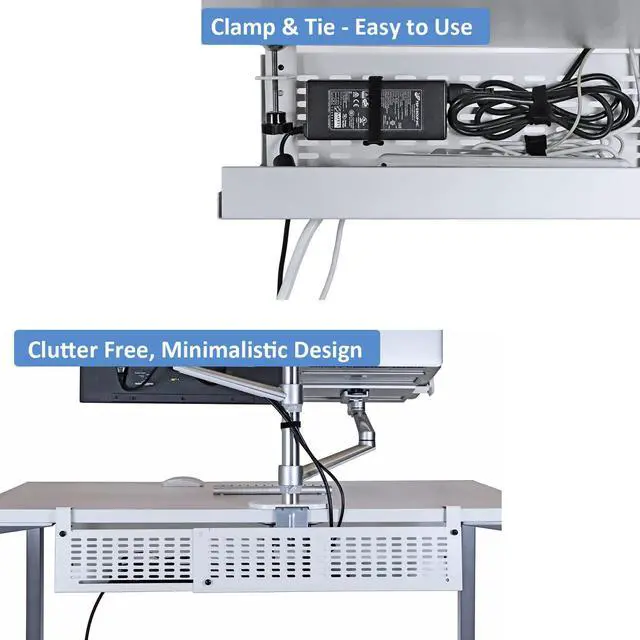 Alt view image 4 of 6 - Under Desk Cable Management Tray Kit - Horizontal Adjustable up tp 41 Desk Organizer Removable C Clamp Mount Reversiable Computer Cord Raceway and Modesty Panel for Large Table, White/Beige