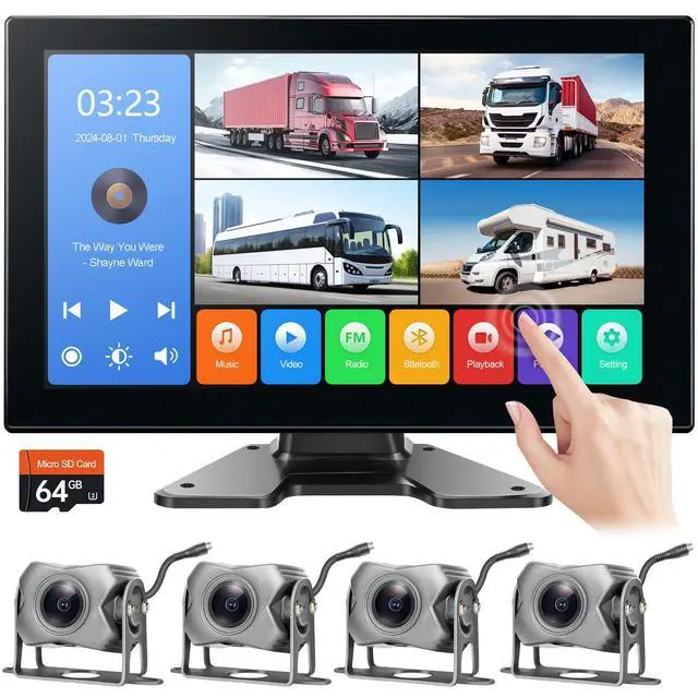 Alt view image 2 of 6 - 4-Channel 1080P Backup Camera for Truck/RV/Semi Trailer/Van/Cars 10.2inch Touch Monitor with DVR Recording/Playback/Bluetooth/FM Radio/Music/Video Player