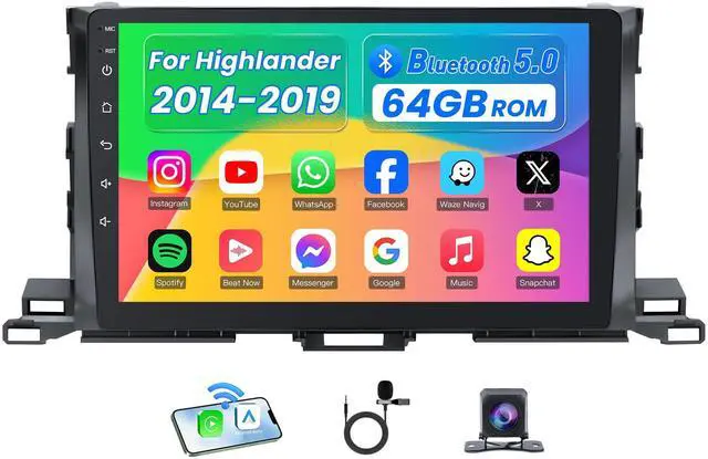 Main image of 4Core+64G ROM Car Radio for Toyota Highlander 2014-2019 with Wireless CarPlay Android Auto: 5G WiFi Stereo 10.2 Inch Touch Screen 1280 * 800 GPS Navigation Bluetooth SWC FM RDS Radio Backup Camera