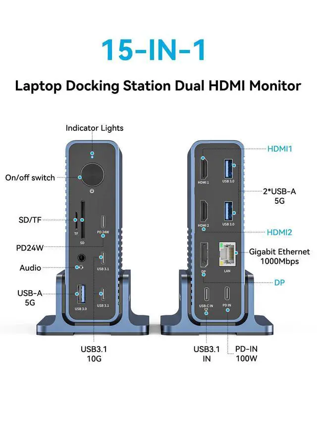Alt view image 2 of 6 - USB C Docking Station Dual Monitor,15-in-1 Laptop Docking Station with 2*HDMI+DP,+ 2*USB3.1-10G+3*USB-A-5G+SD/TF+3.5MM Audio&MIC+Gigabit Ethernet, for Windows/Dell/HP/Lenovo