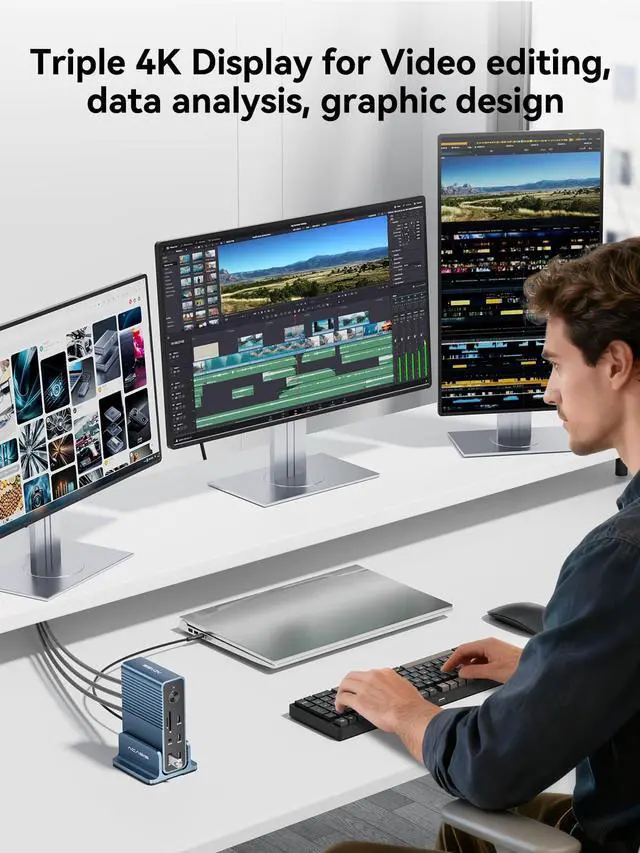 Alt view image 3 of 6 - USB C Docking Station Dual Monitor,15-in-1 Laptop Docking Station with 2*HDMI+DP,+ 2*USB3.1-10G+3*USB-A-5G+SD/TF+3.5MM Audio&MIC+Gigabit Ethernet, for Windows/Dell/HP/Lenovo
