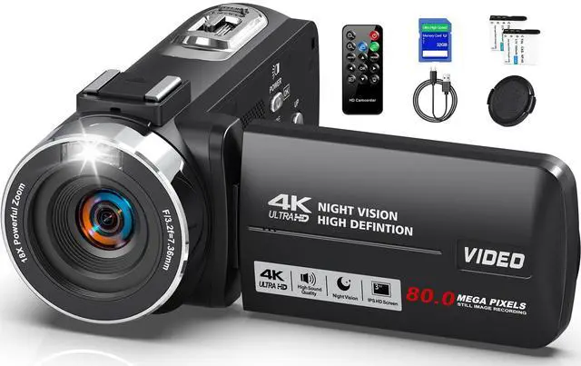 Main image of Camcorder Video Camera 4K Ultra 80MP Vlogging Camera for YouTube IR Night Vision Camera 18X Digital Zoom 3.0 IPS Screen Video Recorder with 32GB SD Card, 2 Batteries, Microphone and Remote Control