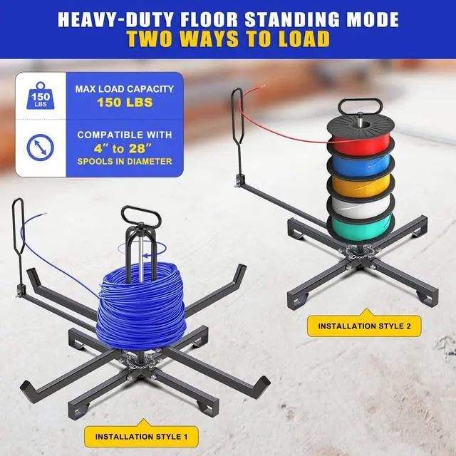 Alt view image 2 of 6 - Foldable Cable Dispenser, Floor or Stud Mounted Wire Spool Rack for 4-28 inch Reels, Portable Wire Rack Dispenser with Anti-Slip Handle for Electrical, Industrial & Retail Use