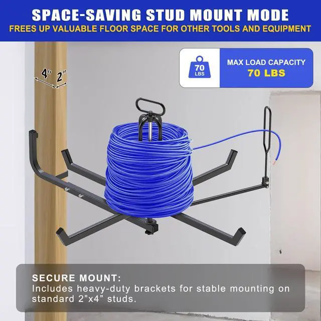 Alt view image 3 of 6 - Foldable Cable Dispenser, Floor or Stud Mounted Wire Spool Rack for 4-28 inch Reels, Portable Wire Rack Dispenser with Anti-Slip Handle for Electrical, Industrial & Retail Use