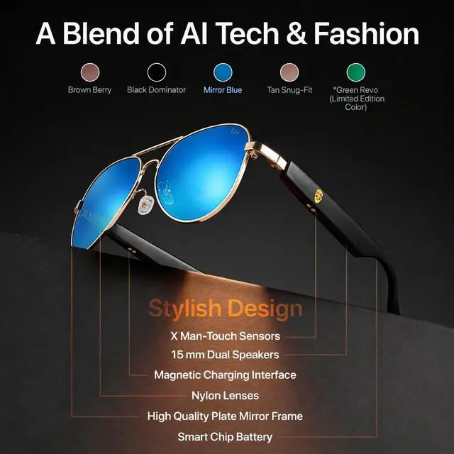 Alt view image 4 of 6 - AI Glasses Bluetooth Polarized Sunglasses for Men Women Easy Pair with ChatGPT-Gem-Claude 99% Language Accuracy, UVA/B/C UV400 Protection, Anti-Bluelight Driving Fishing Golf Travel (ICE MIRROR BLUE)