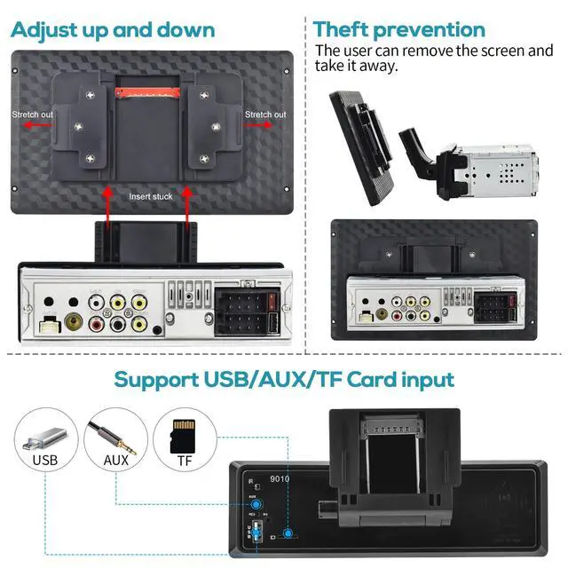 Alt view image 6 of 6 - 9 Single Din Car Stereo Wireless CarPlay Android Auto Detachable Touchscreen, Car Radio with Bluetooth 5.0 Mirror Link FM/EQ USB/AUX/TF/SWC/MIC Car Audio Receiver Backup Camera
