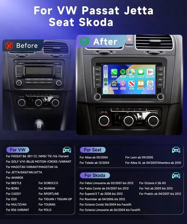 Alt view image 2 of 6 - 4G+64G Car Radio Stereo for VW Jetta Tiguan Golf Passat MK5 MK6 Seat, 7inch IPS Touch Screen/USB Type-C/Android 15/Wireless CarPlay/Android Auto/DSP/GPS/WiFi/5.0Bluetooth/FM/SWC/AHD Backup Camera