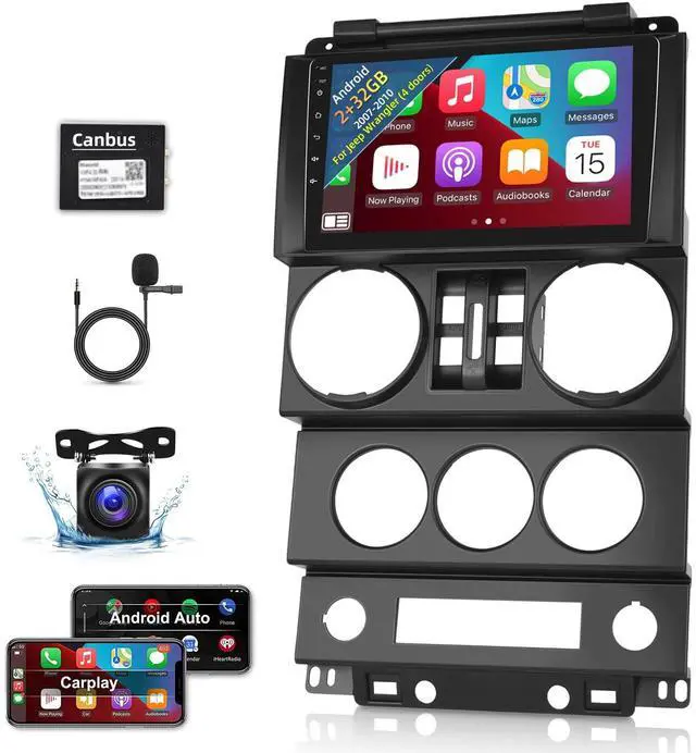 Main image of for Jeep Wrangler (4 Doors) 2007 2008 2009 2010 with Wireless Apple Carplay and Android Auto, 2+32G 9 Inch Touchscreen Android Car Radio, DSP/GPS/WiFi + AHD Backup Camera and Mic
