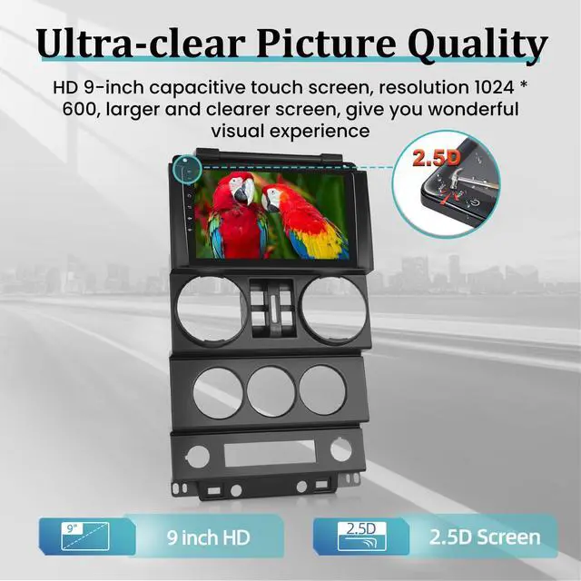 Alt view image 3 of 6 - for Jeep Wrangler (4 Doors) 2007 2008 2009 2010 with Wireless Apple Carplay and Android Auto, 2+32G 9 Inch Touchscreen Android Car Radio, DSP/GPS/WiFi + AHD Backup Camera and Mic