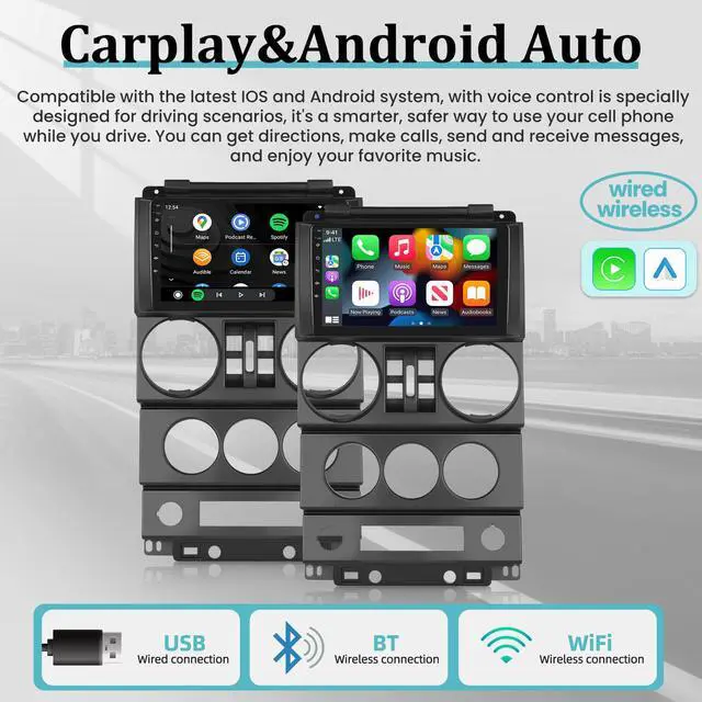 Alt view image 4 of 6 - for Jeep Wrangler (4 Doors) 2007 2008 2009 2010 with Wireless Apple Carplay and Android Auto, 2+32G 9 Inch Touchscreen Android Car Radio, DSP/GPS/WiFi + AHD Backup Camera and Mic