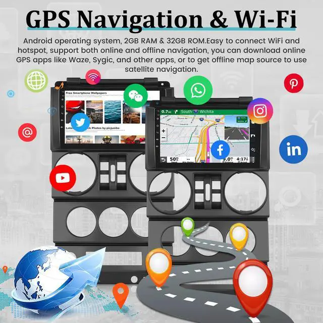 Alt view image 5 of 6 - for Jeep Wrangler (4 Doors) 2007 2008 2009 2010 with Wireless Apple Carplay and Android Auto, 2+32G 9 Inch Touchscreen Android Car Radio, DSP/GPS/WiFi + AHD Backup Camera and Mic