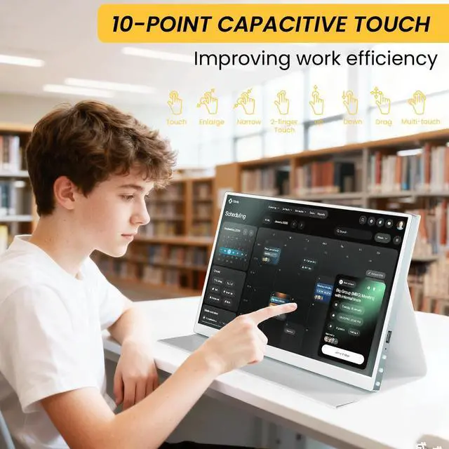 Alt view image 2 of 6 - 15.6'' Touchscreen Portable Monitor, FHD IPS Display with Built-in Speaker & Protective Case, 10-Point Touch Screen, HDMI & USB-C Travel Monitors for Laptop, PC, Phone,Metal Gray + White
