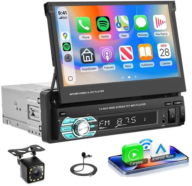 Main image of Single Din Wireless Carplay Car Stereo with Bluetooth, 7 Inch flip Out Touch Screen Car Radio MP5 Player Support Android Auto, Mirror Link, USB Type-C, TF, EQ, AM FM, Aux-in, SWC Backup Camera