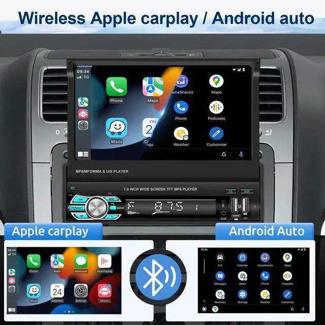 Alt view image 2 of 6 - Single Din Wireless Carplay Car Stereo with Bluetooth, 7 Inch flip Out Touch Screen Car Radio MP5 Player Support Android Auto, Mirror Link, USB Type-C, TF, EQ, AM FM, Aux-in, SWC Backup Camera