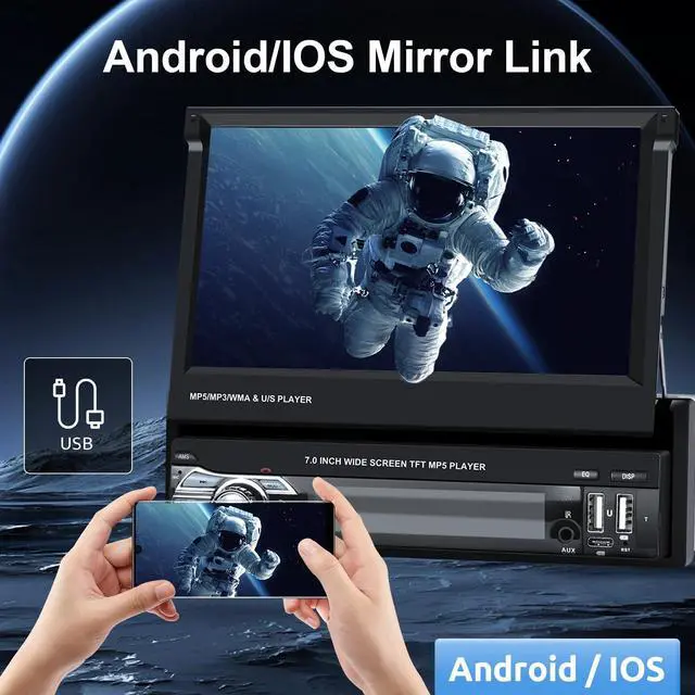 Alt view image 3 of 6 - Single Din Wireless Carplay Car Stereo with Bluetooth, 7 Inch flip Out Touch Screen Car Radio MP5 Player Support Android Auto, Mirror Link, USB Type-C, TF, EQ, AM FM, Aux-in, SWC Backup Camera