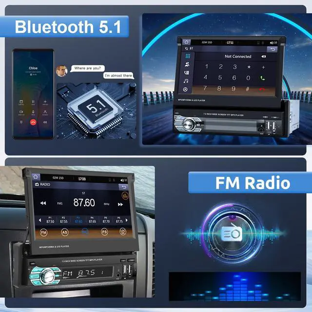 Alt view image 4 of 6 - Single Din Wireless Carplay Car Stereo with Bluetooth, 7 Inch flip Out Touch Screen Car Radio MP5 Player Support Android Auto, Mirror Link, USB Type-C, TF, EQ, AM FM, Aux-in, SWC Backup Camera
