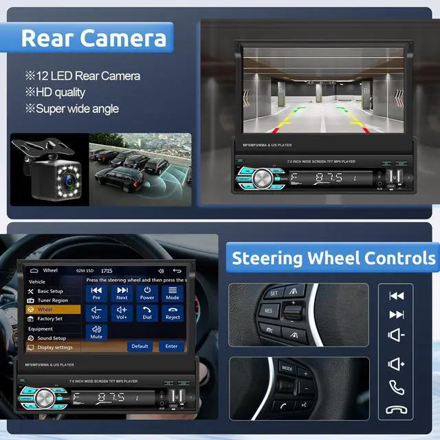 Alt view image 5 of 6 - Single Din Wireless Carplay Car Stereo with Bluetooth, 7 Inch flip Out Touch Screen Car Radio MP5 Player Support Android Auto, Mirror Link, USB Type-C, TF, EQ, AM FM, Aux-in, SWC Backup Camera