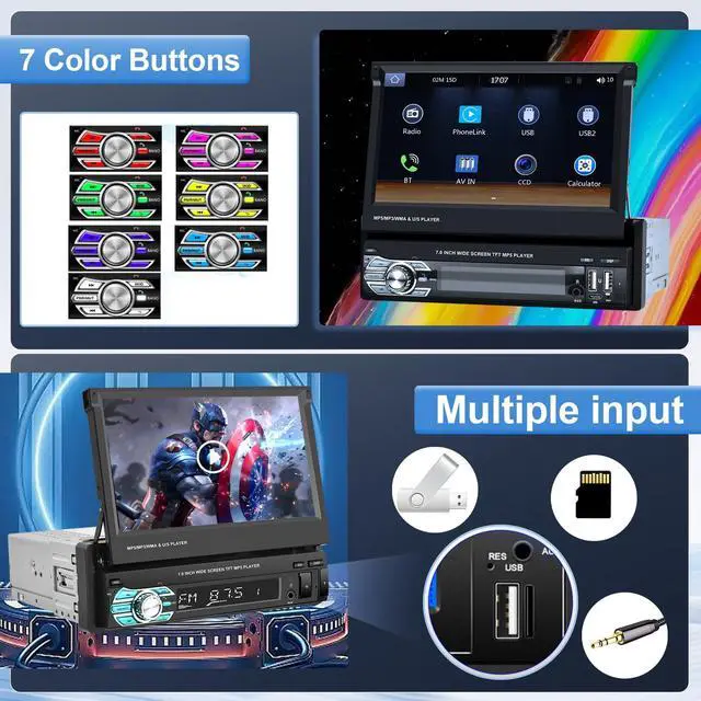 Alt view image 6 of 6 - Single Din Wireless Carplay Car Stereo with Bluetooth, 7 Inch flip Out Touch Screen Car Radio MP5 Player Support Android Auto, Mirror Link, USB Type-C, TF, EQ, AM FM, Aux-in, SWC Backup Camera