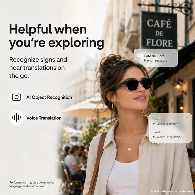 Alt view image 5 of 6 - AI Smart Camera Glasses with Sunglass Lenses, 8MP Hands-Free POV Photo & Video Recording, Object Recognition & Translation, Open-Ear Bluetooth Audio & Calls, IP65 for Outdoor Daily Wear