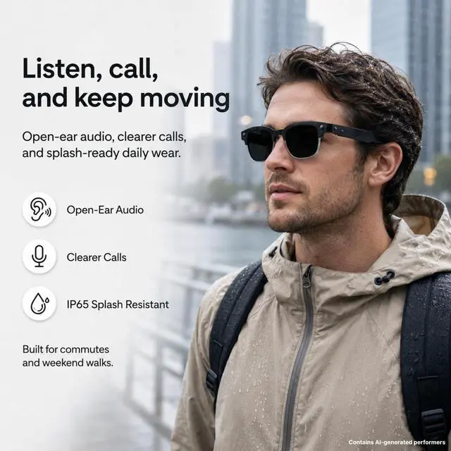 Alt view image 6 of 6 - AI Smart Camera Glasses with Sunglass Lenses, 8MP Hands-Free POV Photo & Video Recording, Object Recognition & Translation, Open-Ear Bluetooth Audio & Calls, IP65 for Outdoor Daily Wear