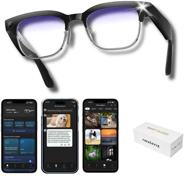 Main image of AI Smart Camera Glasses with Blue Light Lenses, 8MP Hands-Free POV Photo & Video Recording, Object Recognition & Translation, Open-Ear Bluetooth Audio & Calls, IP65 for Daily Wear