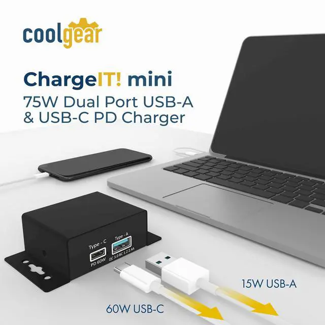 Alt view image 2 of 6 - Chargeit! Mini 75W Dual Port USB-A and USB-C PD Charger - QC 4.0 with PPS, Industrial Metal Chassis, Simultaneous Dual Port USB Fast Charging for Offices, Labs, and Vehicles (9~24V DC)