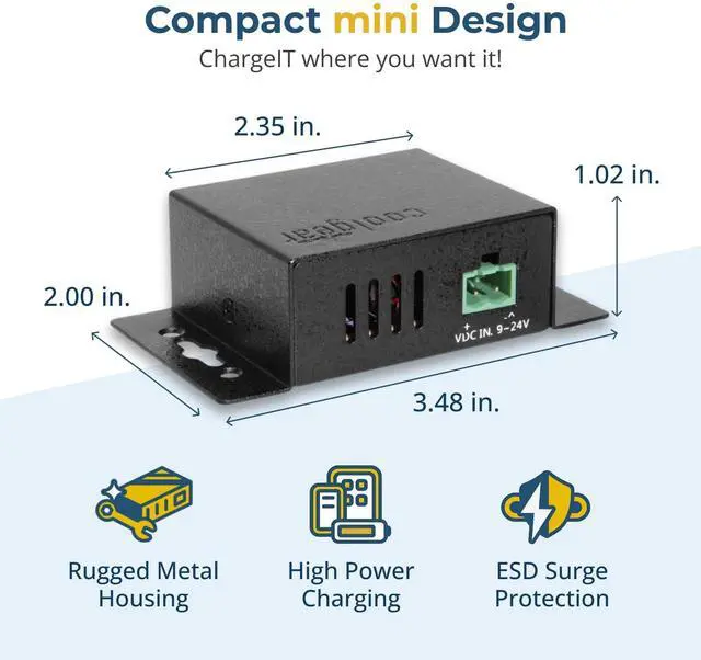 Alt view image 3 of 6 - Chargeit! Mini 75W Dual Port USB-A and USB-C PD Charger - QC 4.0 with PPS, Industrial Metal Chassis, Simultaneous Dual Port USB Fast Charging for Offices, Labs, and Vehicles (9~24V DC)
