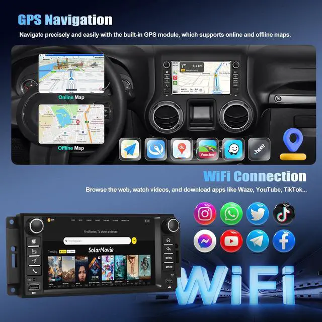 Alt view image 4 of 6 - 4+64G Android Car Stereo Radio for Jeep Wrangler JK 2007-2018 Dodge RAM 1500 2009-2012 with Wireless CarPlay Android Auto Backup Camera 7 Inch Touchscreen GPS Bluetooth FM WiFi EQ SWC USB Type-C