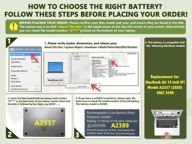 Alt view image 3 of 6 - A2337 Battery Replacement, A2389 Battery for MacBook Air 13 Inch A2337 Year 2020, Model A2389 EMC 3598 MGN63LL/A MGN73LL/A 4800mAh 55Wh