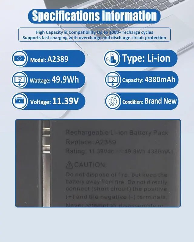 Alt view image 4 of 6 - A2337 Battery Replacement, A2389 Battery for MacBook Air 13 Inch A2337 Year 2020, Model A2389 EMC 3598 MGN63LL/A MGN73LL/A 4800mAh 55Wh