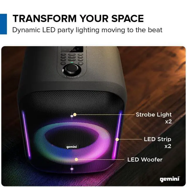 Alt view image 3 of 6 - Gemini Portable Party Speaker, LED Lights, Wireless Mic, 10-Hr (GRV-650L) | Party speaker, 6.5" + dual 2" - 9-mode LED light show - wireless mic incl - up to 10 hr - Bluetooth