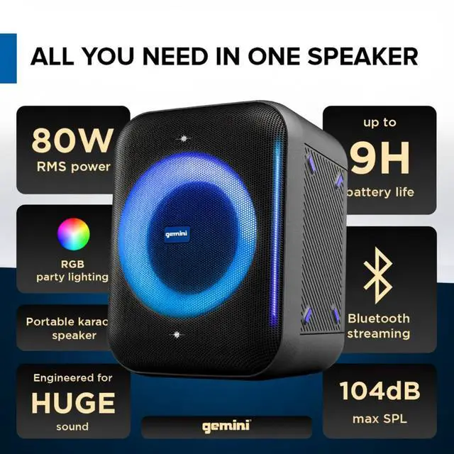 Alt view image 6 of 6 - Gemini Portable Party Speaker, LED Lights, Wireless Mic, 10-Hr (GRV-650L) | Party speaker, 6.5" + dual 2" - 9-mode LED light show - wireless mic incl - up to 10 hr - Bluetooth