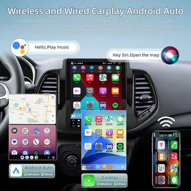 Alt view image 3 of 6 - 9.7 Inch Car Stereo for Jeep Compass 2017 2018 2019, 2+64G Android Touchscreen Radio with Wireless Carplay & Android Auto/WiFi/HiFi/GPS Navigation/Mirror Link/SWC, AHD Backup Camera