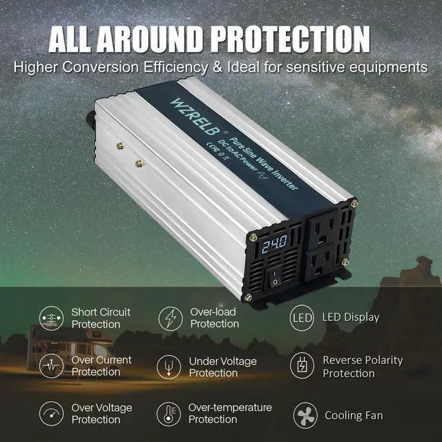 Alt view image 6 of 6 - 800W Pure Sine Wave Inverter 12V DC to 110V 120V AC Power Converter with LED Display, Off-Grid Portable Power Inverter with 2 AC Outlets for Home, RV, Truck, Camping