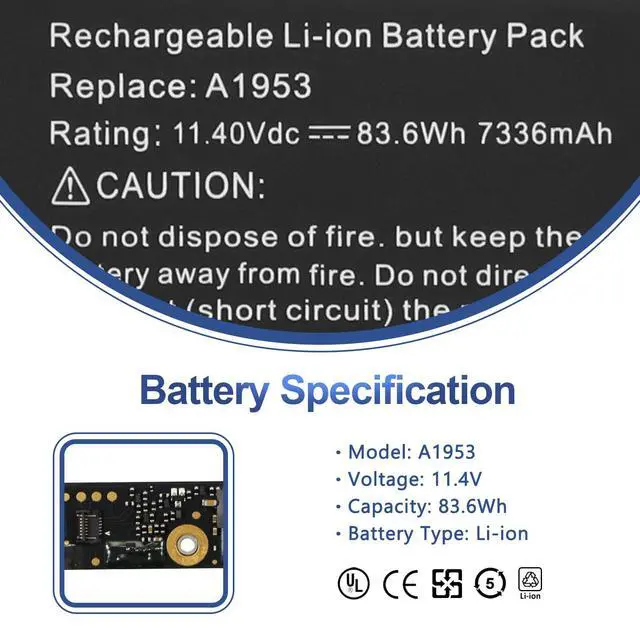 Alt view image 2 of 6 - A1953 A1990 Battery Replacement for MacBook Pro 15" Mid 2018 2019 EMC 3215 EMC 3359 Touch Bar MV902LL/A MV912LL/A MV922LL/A MV932LL/A MV942LL/A MV952LL/A MV962LL/A MV972LL/A MV902B/A MR962LL/A