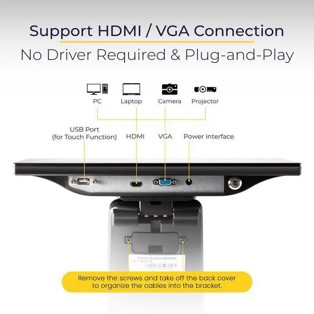 Alt view image 3 of 6 - 15.6" Black LED Touch Screen Monitor with Metal Stand - Backlit 1366 * 768 with VGA HDMI Connection for Small Business, Restaurant, Office - No Driver Required (Not Compatible with macOS/iOS)