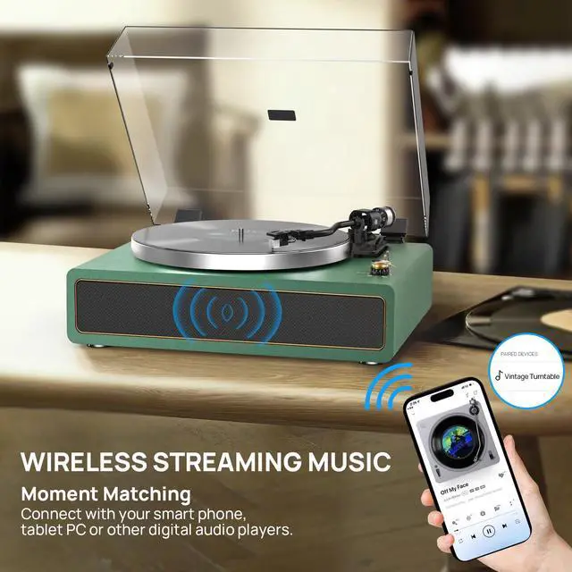 Alt view image 4 of 6 - Turntable Record Player with Built-in Speakers, Vinyl Record Player Support Bluetooth Playback Auto Stop 33&45 RPM Speed RCA Line Out AUX in All-in-one Belt-Drive Turntable for Vinyl Records Green