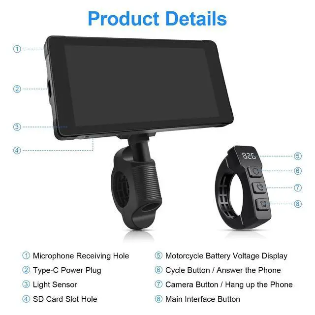 Alt view image 6 of 6 - Premium Motorcycle Dash Cam DVR: Wireless Motorcycle Carplay & Android Auto, TPMS, 1080P HD Dash Cam Front and Rear, 5.5" Touch Screen, Bluetooth, Waterproof, 128GB TF Card, Siri & Google Voice