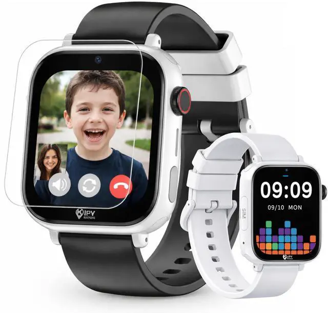 Main image of Kipywatch Smart Watch for Kids - Kids Watch with GPS Tracker, Safe Zones Alert Camera, Voice & Video Call, School Mode Parental App, Subscription Required - Extra White Strap - Gifts for Boys 3-12
