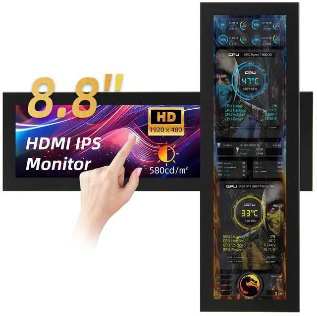 Main image of iPitstBit 8.8 Inch Touchscreen Monitor, 1920x480 PC Temperature Display, PC Sensor Panel Display, IPS USB Mini Screen for Raspberry Pi, AIDA64 CPU RAM Data Monitor ARGB Computer Case