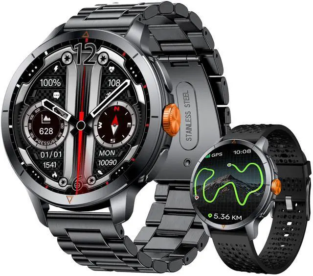 Main image of Rugged Smart Watch for Men with Built-in GPS, 1.6" AMOLED, 5ATM Waterproof Tactical Watch with Altimeter Barometer Compass, Bluetooth Calls, Outdoor Fitness Tracker for Android & iPhone - Black