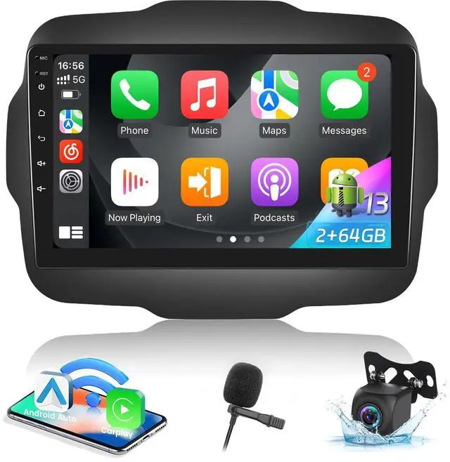 Main image of 2+64G Android Car Radio for Jeep Renegade 2015 2016 2017 2018 2019 2020 - Wireless Carplay & Android Auto - 9 Inch Touch Screen Radio with EQ DSP, GPS, WiFi, SWC + AHD Rear View Camera