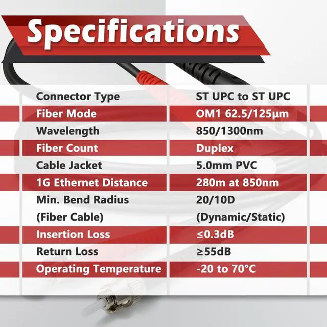 Alt view image 5 of 5 - 165ft / 50m Outdoor Armored OD-5mm OM1 ST to ST Fiber Cable, Multimode Duplex 62.5/125 MMF, ST-ST Fiber Optic Patch Cable